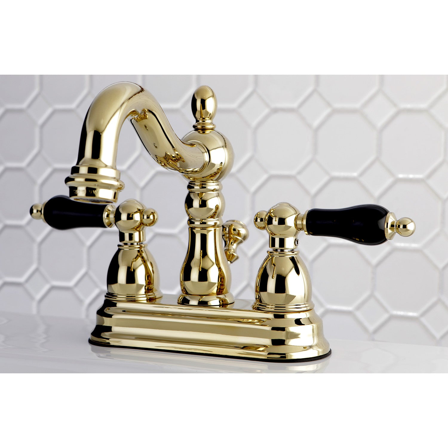 Kingston Heirloom KS1602PKL - Duchess Double-Handle 3-Hole Deck Mount 4-Inch Centerset Bathroom Faucet with Brass Pop-Up, Polished Brass — thumbnail 3